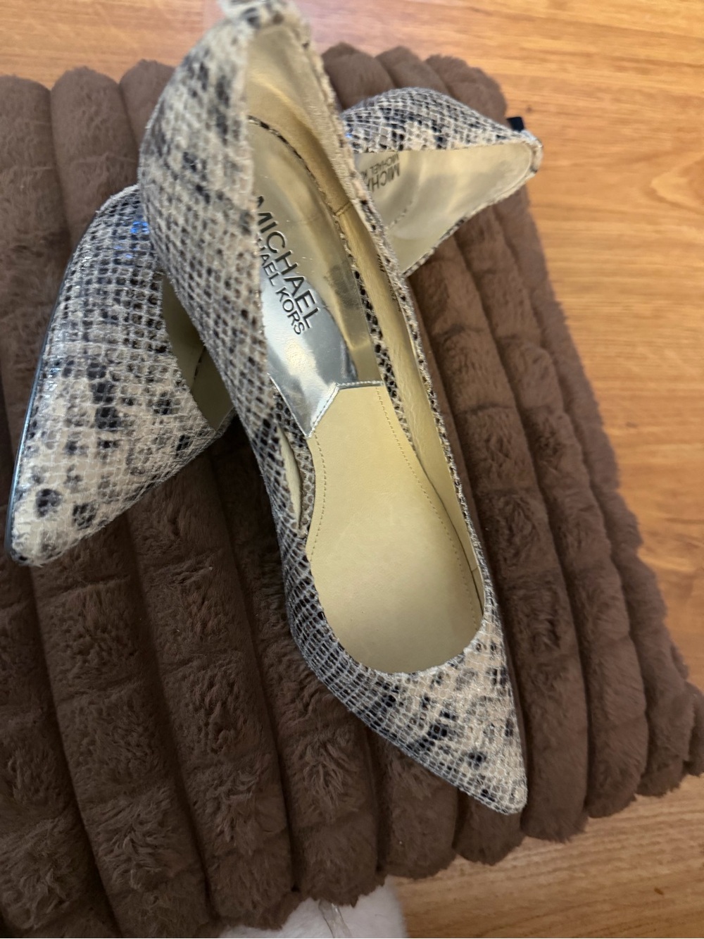 Michael Kors Snake-Print Pointed Toe Heels in Beige and Black